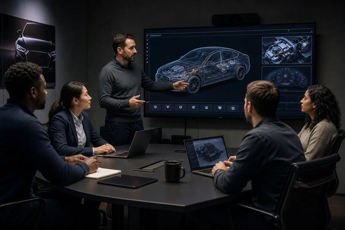 Team discussing sunroof module structure in dark conference room