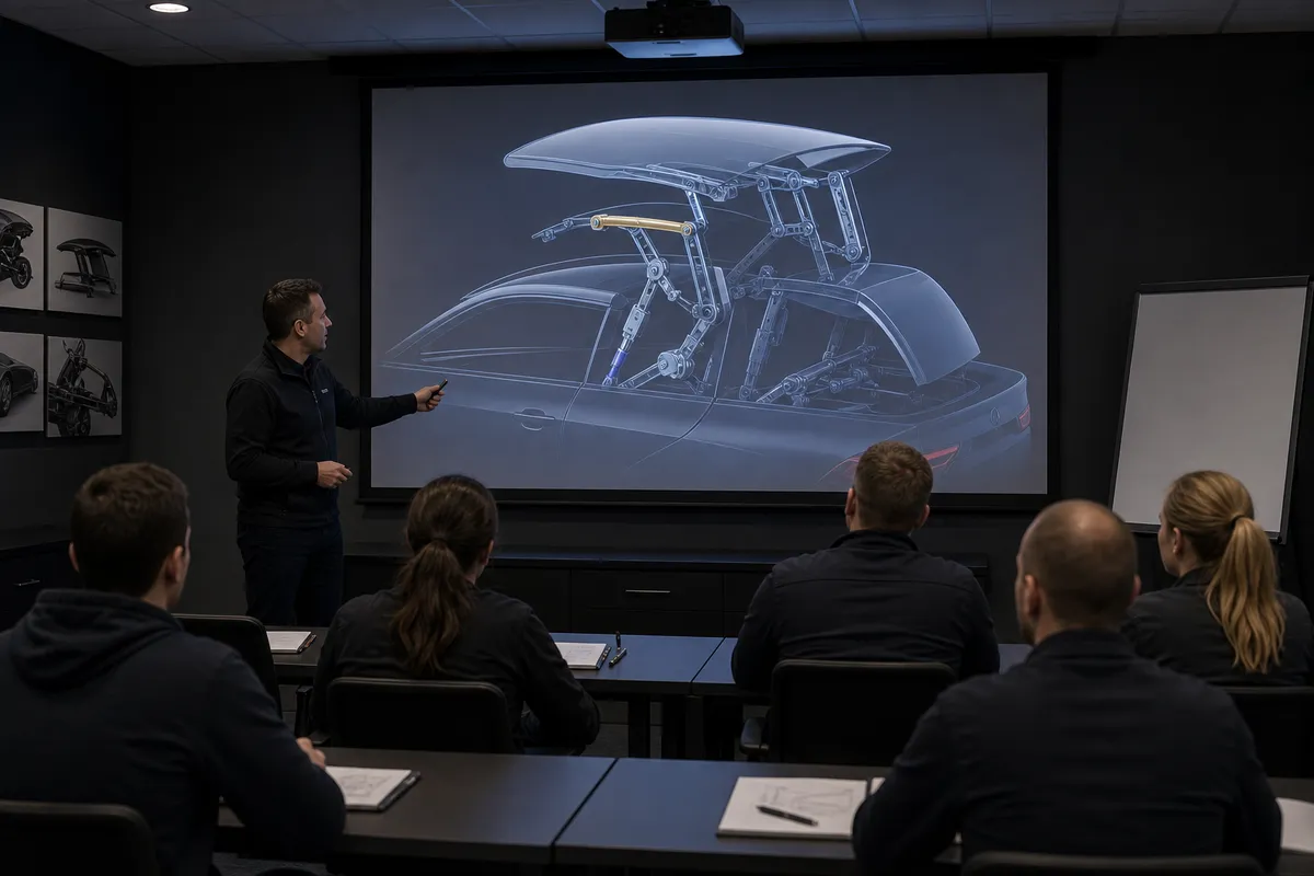 Training room screen with roof service diagram fields in dark auditorium