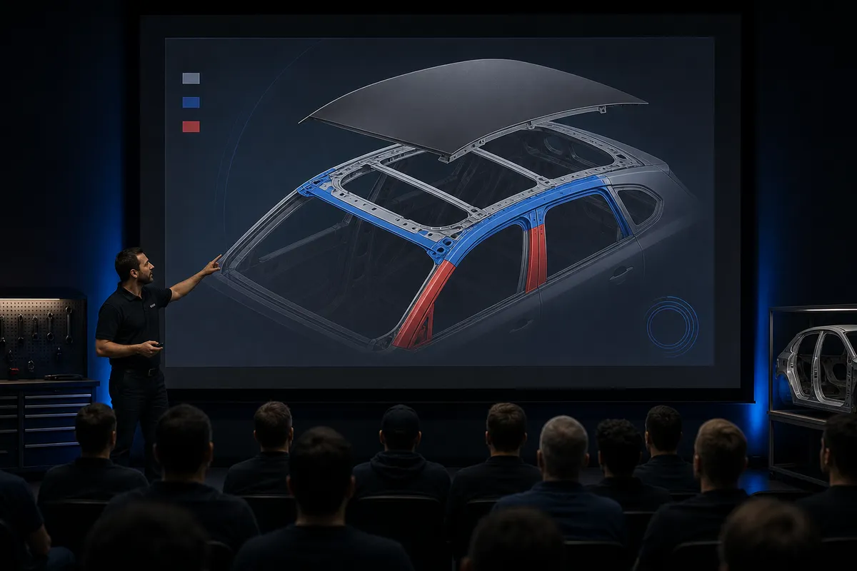 Presentation screen with panoramic roof diagrams in dark training room