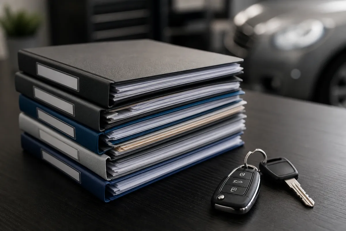 Labeled folders and vehicle keys on dark workshop desk